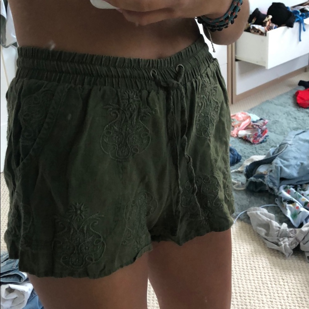 Army green embroidered Anthropology shorts